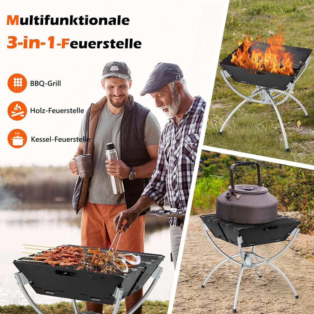 COSTWAY Campinggrill, 3-in-1-Feuerstelle für Brennholz & Holzkohle mit Edelstahlgrillrosten, tragbar