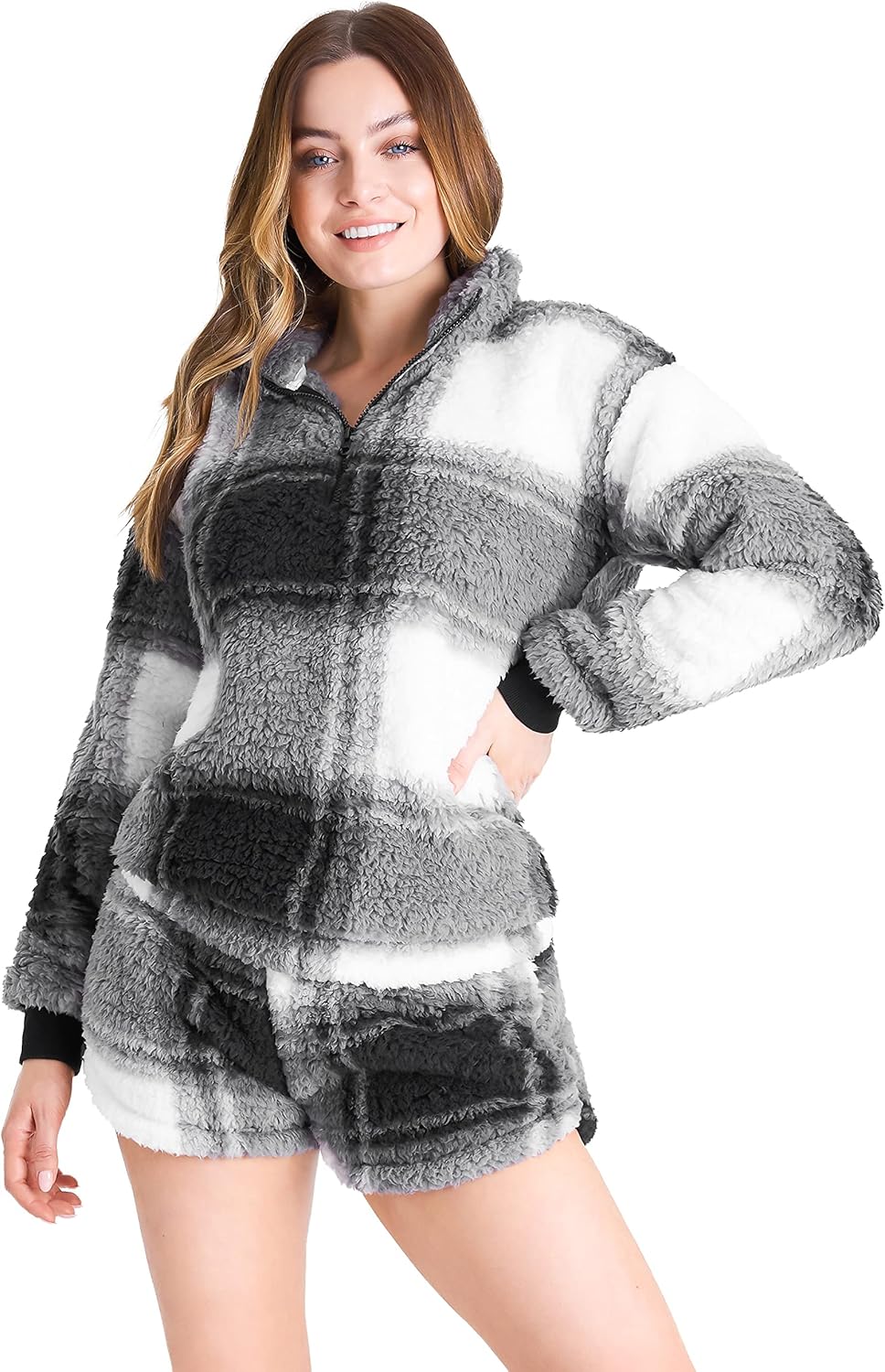 CityComfort Schlafanzug Damen Warm Fleece Pyjama Damen Hausanzug Kuschelig, S Mehrfarbig Kariert