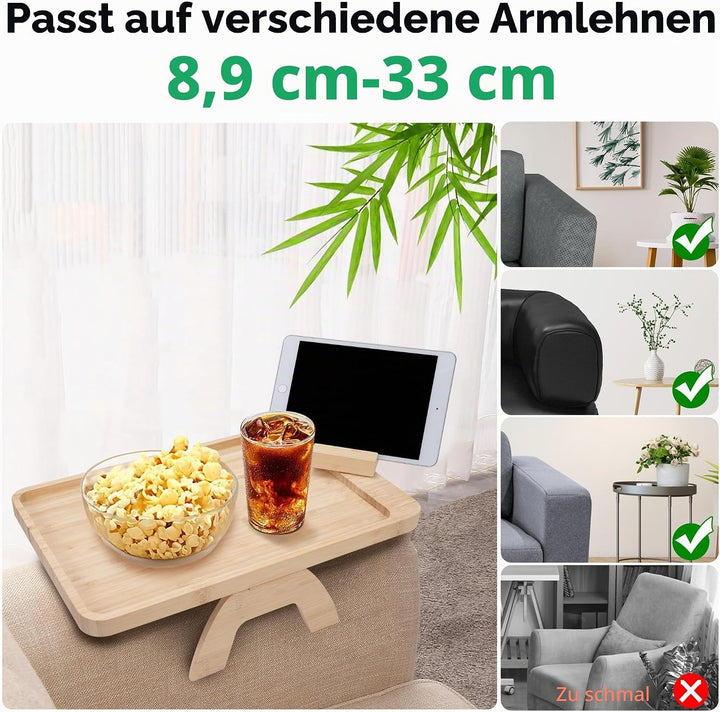 Sofa Armlehne Tablett Faltbarer mit 360° Drehbarer Handyhalterung Holz Bambus Sofa-Armlehne Tragbare