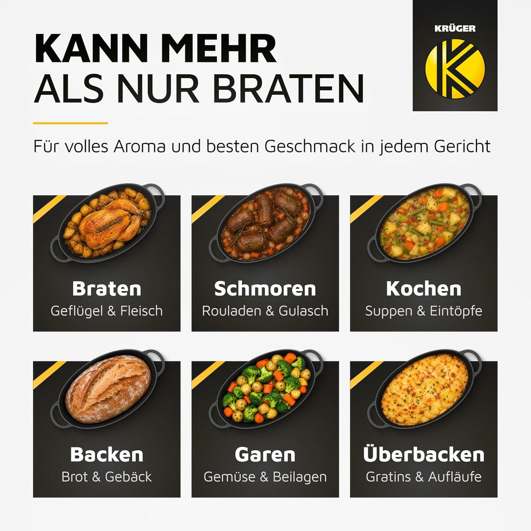 Krüger Gusseisen Gansbräter mit Deckel - emailliert - aussen u. innen schwarz matt - hohe Hitzebestä