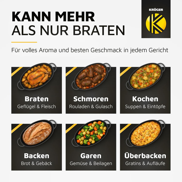 Krüger Gusseisen Gansbräter mit Deckel - emailliert - aussen u. innen schwarz matt - hohe Hitzebestä