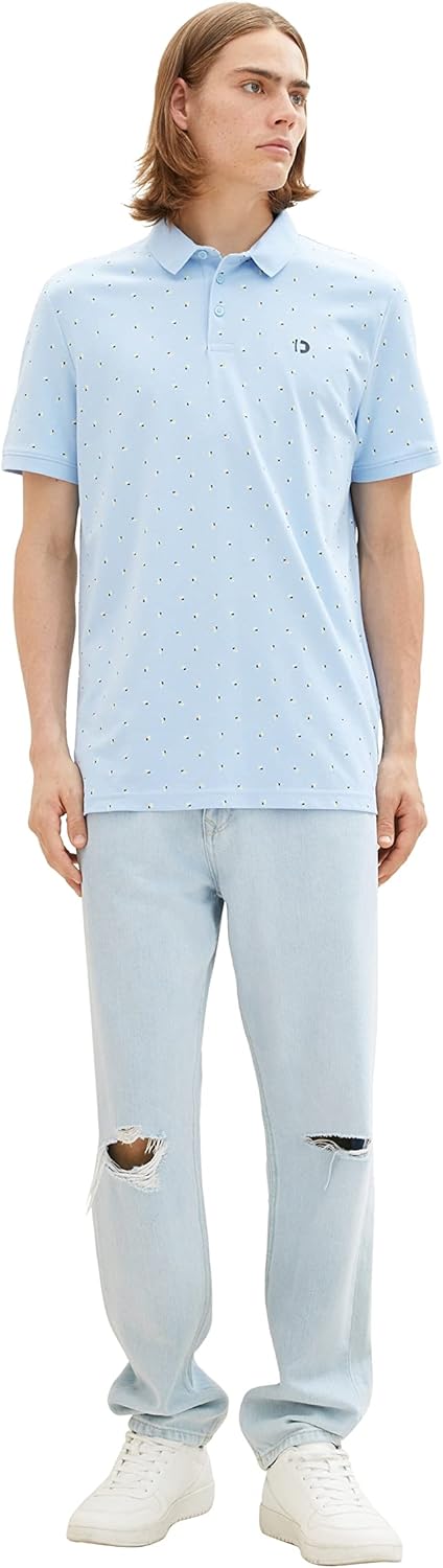 TOM TAILOR Denim Herren Denim Poloshirt mit Allover-Print aus Baumwolle L 32485 - Blue Multicolor Mi