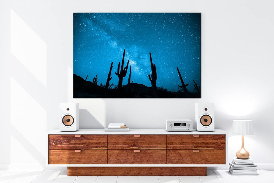 atemberaubender Sternenhimmel in der Wüste Format 80x60 Effekt: Monocrome Blau als Leinwandbild, Mot
