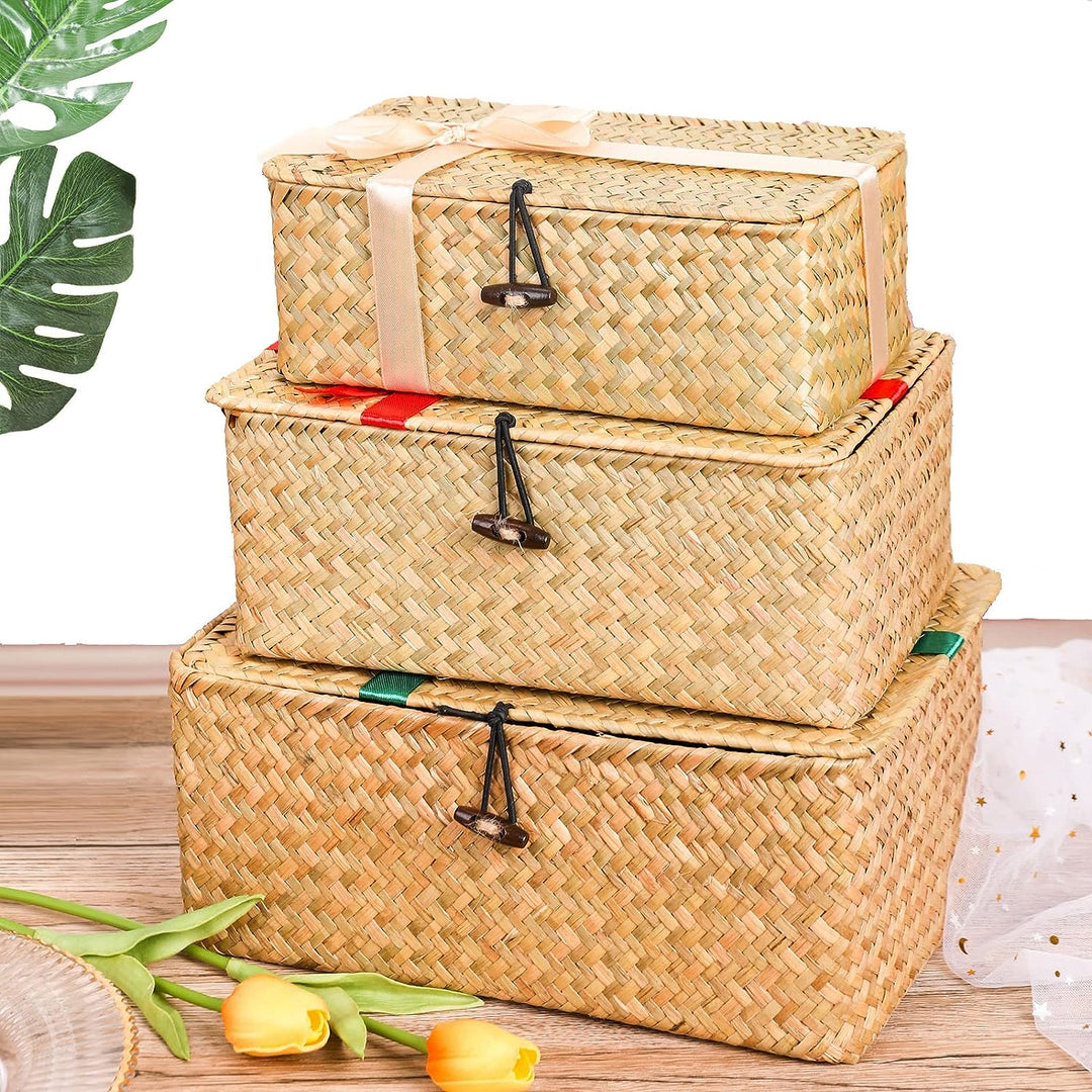 YSGLIFE Aufbewahrungsbox aus Seegras Bastkorb Korb mit Deckel Aufbewahrungskörbe Regalkörbe Weidenko