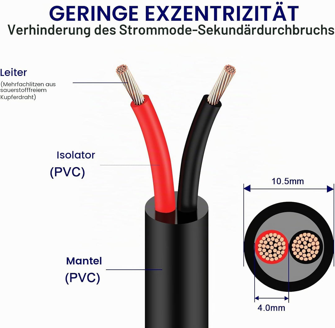 2×4,0 mm² Rundes Zweileiterkabel 2-adriges Kupfer-Elektrokabel 5V 12V 24V 60V, Dünnwandiges Rot/Schw