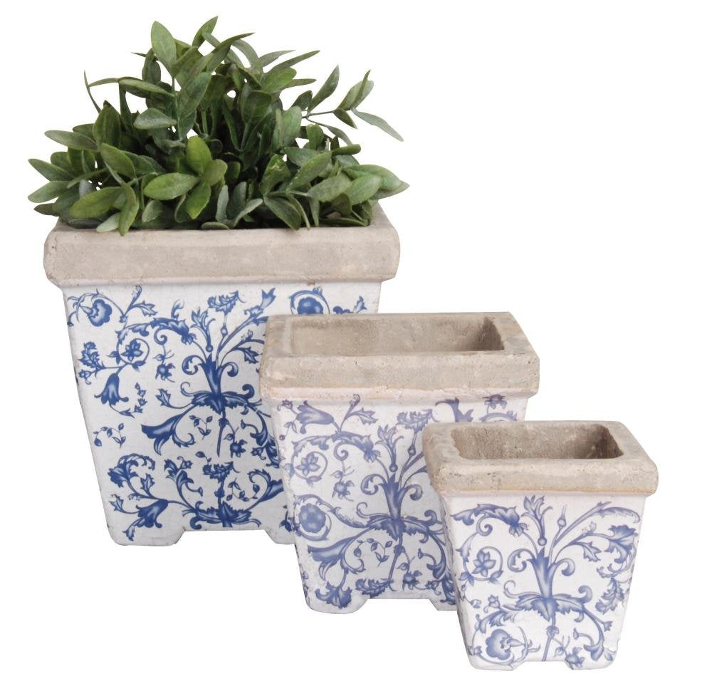 Esschert Design Keramik Blumentopf 3er Set, 3 Verschiedene Grössen, blau-weisses Blumenmuster