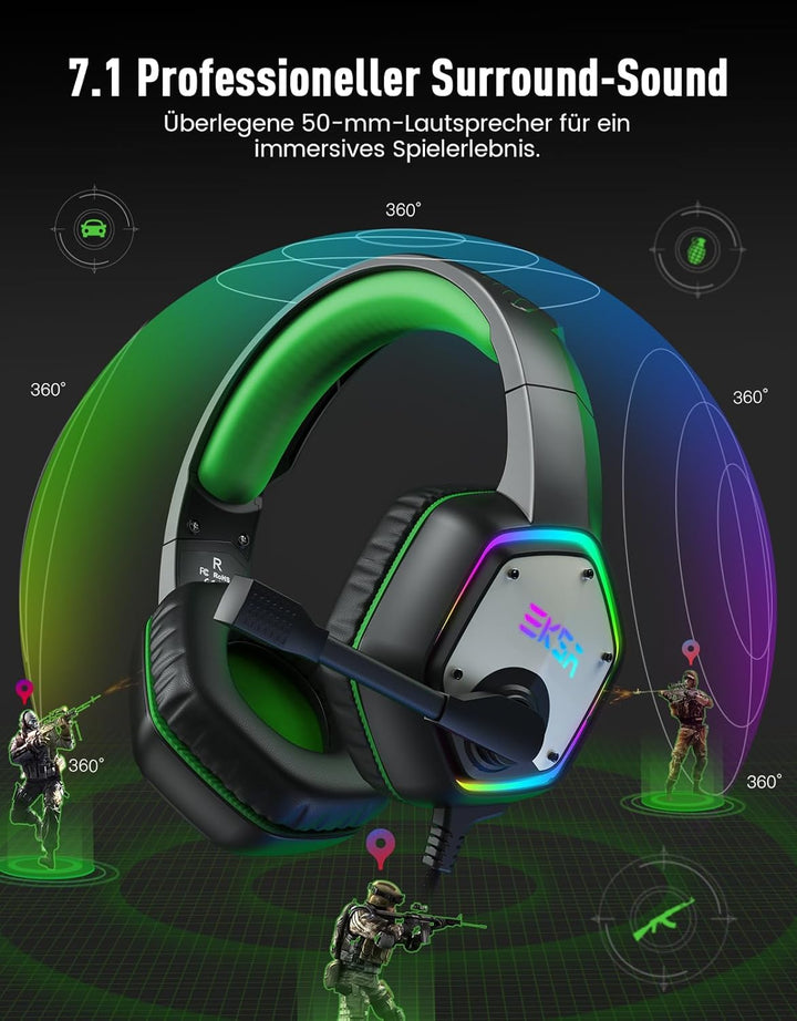 EKSA E1000 USB PC Gaming Headset mit Mikrofon, Gamer Headset mit Bass Surround Sound, RGB Beleuchtun