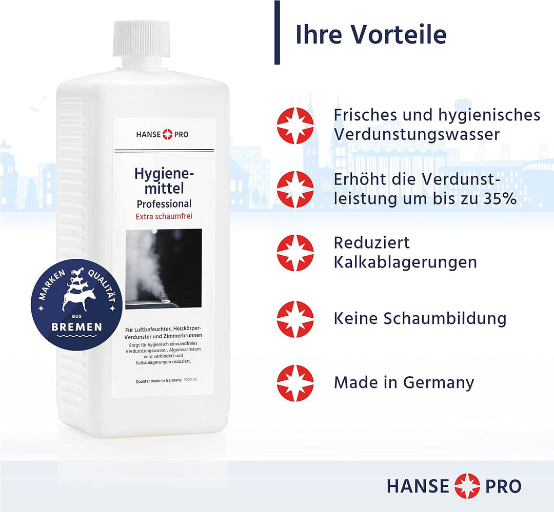 HANSE PRO Hygienemittel Professional, 4 x 1000 ml I Für Luftbefeuchter, Luftreiniger, Luftwäscher, H