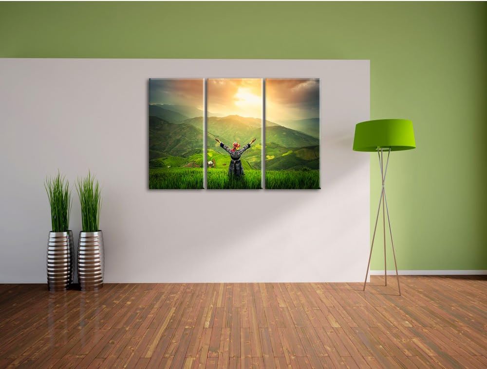 Pixxprint asiatische Berg Farm als Leinwandbild/Grösse: 3 Teilig (120x80) / Wandbild/Kunstdruck/fert