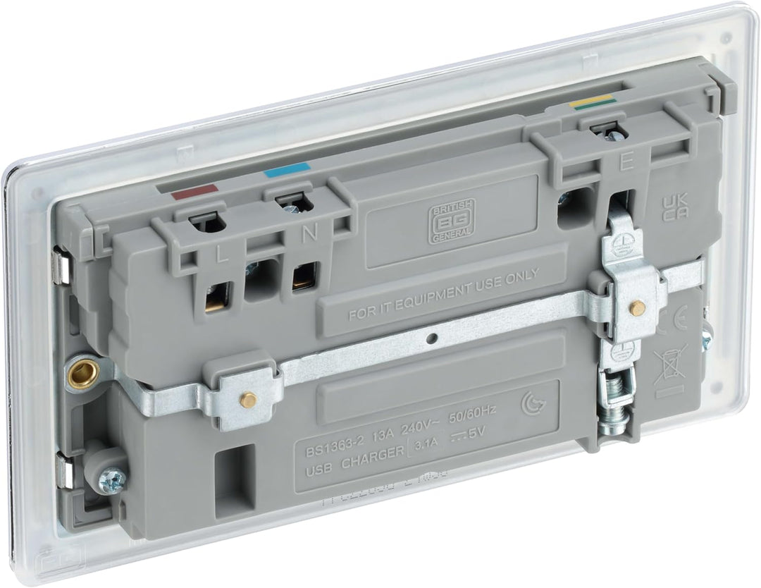 BG Electrical FPC22U3G, schraubenlose Flachplatte, poliert, Chrom, doppelt geschaltete, 13A-Steckdos