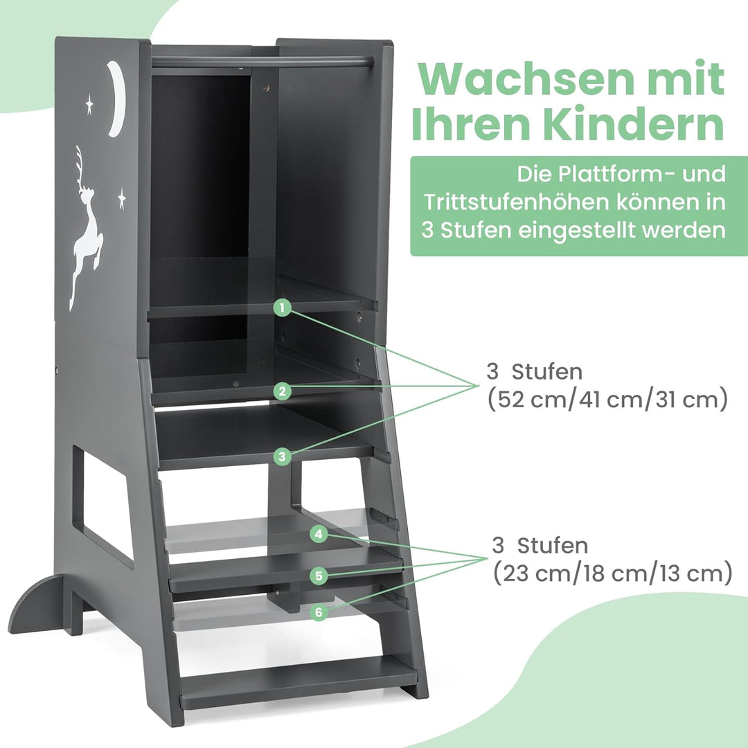 COSTWAY Lernturm kinder, 2 in 1 Tritthocker montessori mit 3 verstellbare Höhen & doppelseitiger Taf