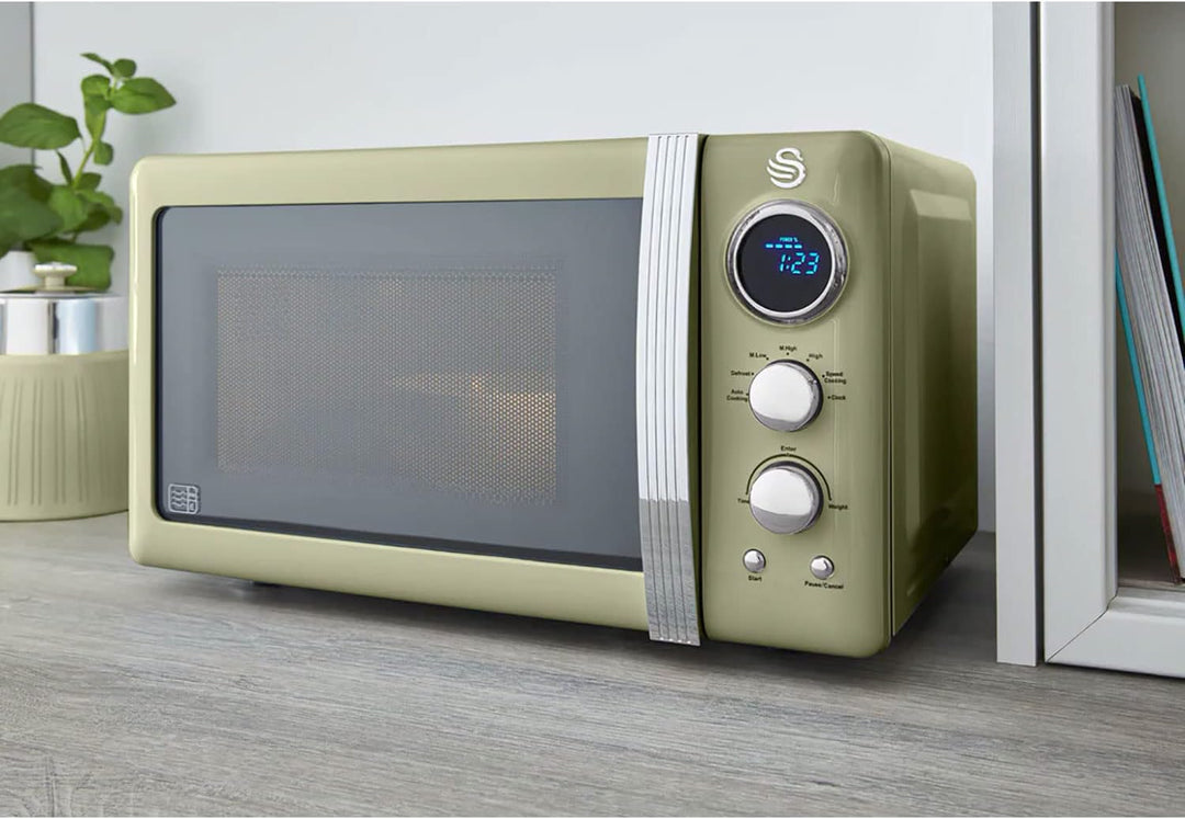 Swan Retro SM22030GNEU Digital Mikrowelle 20L, 5 Leistungsstufen, Auftaufunktion, 60 Minuten Timer,
