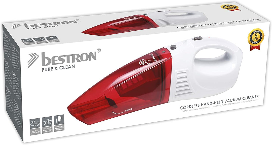 Bestron Kabelloser Handsauger, Für nasse und trockene Oberflächen, Kapazität: 450 ml , 25 Watt, Rot/