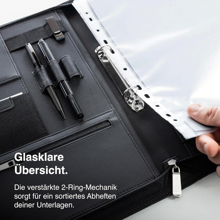 Vebon® Schreibmappe Ringbuch A4"Paris" I Reissverschluss + Klemmbrett I Konferenzmappe + Laptoptasch