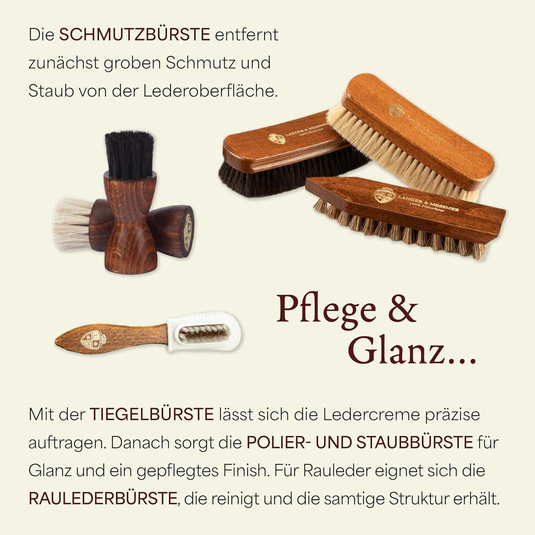 Langer & Messmer Schuhpflegeset inkl. hochwertigen Lederpflegecremes und Rosshaarbürsten zur effekti