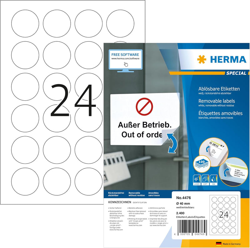 HERMA 4476 Universal Etiketten ablösbar rund, 100 Blatt, Ø 40 mm, 24 Stück pro A4 Bogen, 2400 Aufkle