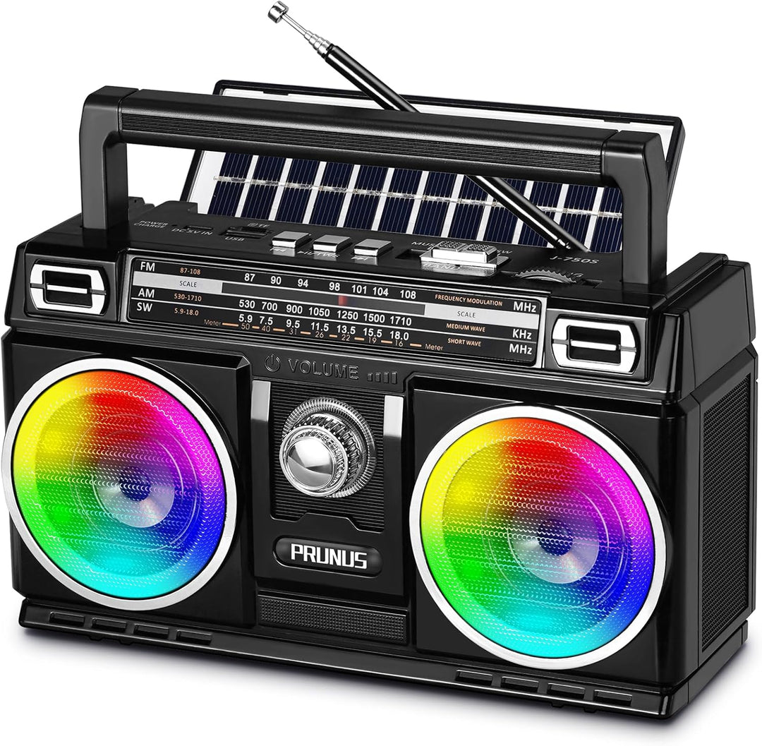 PRUNUS J-750 Retro Radio FM/AM/SW Transistorradio, Tragbares Radio mit 1800mAh Akku, Solar/USB-C Auf