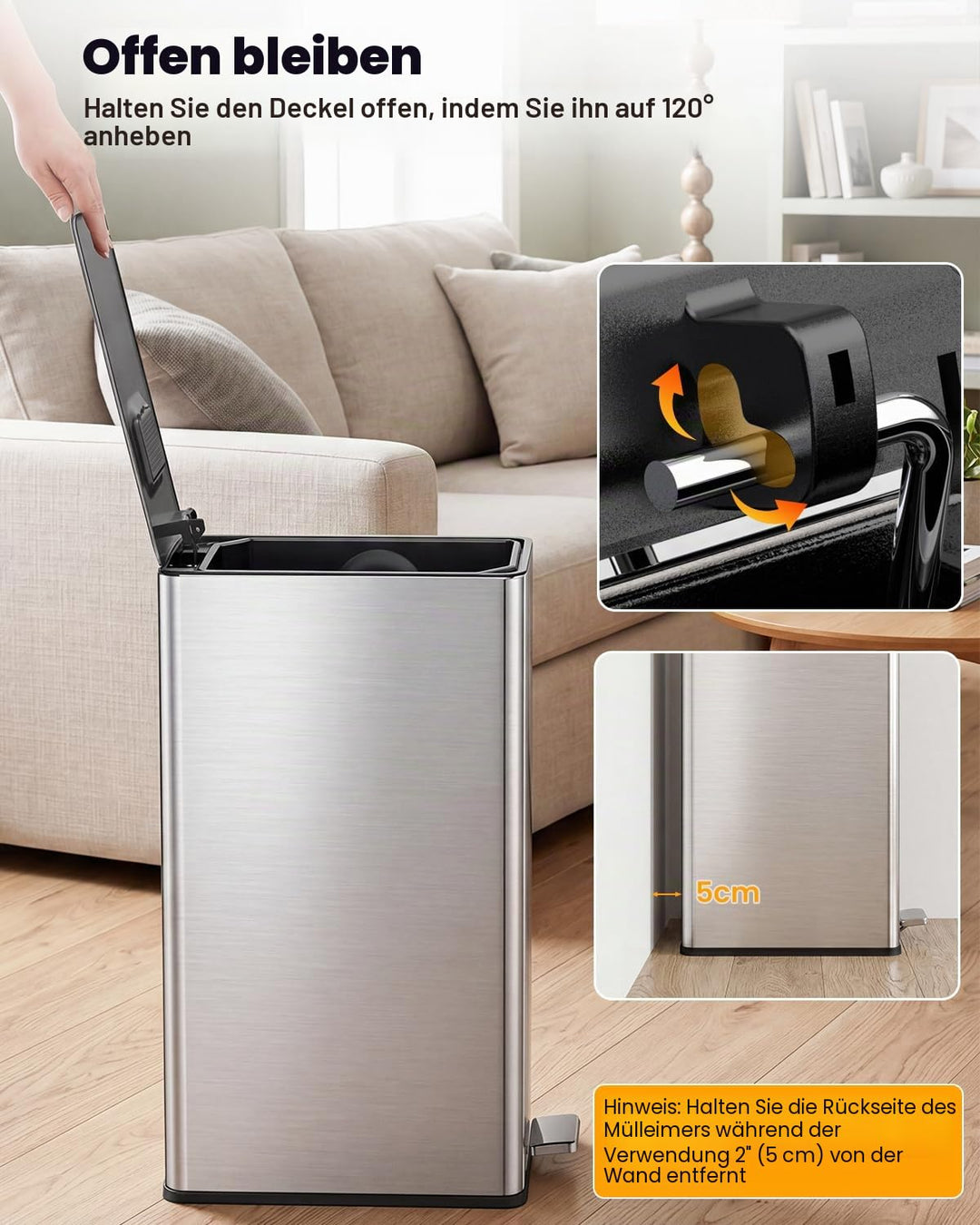 YEAUPE PRO Mülleimer Küche 20L, Abfalleimer Küche mit Pedal, Edelstahl Treteimer mit Soft-Close Deck
