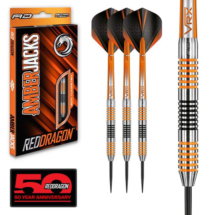 RED DRAGON Amberjack Series Steel Profi Dartpfeile Steeldarts Set mit Flights und Schäfte 23.0 Gramm