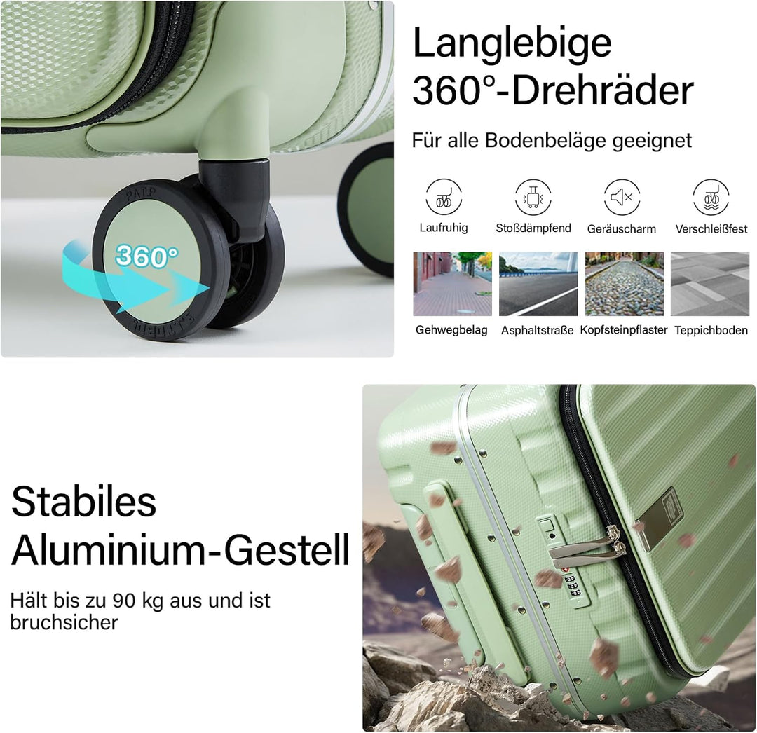 Hanke Handgepäck Koffer PC Hartschalenkoffer mit 360° Spinner Rädern Frontöffnung Reisekoffer Alumin