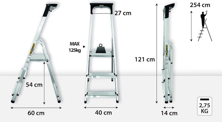 DRABEST Aluleiter mit Ablage, Stehleiter 3 Stufen, Trittleiter bis 125 kg, Haushaltleiter, Klapptrit