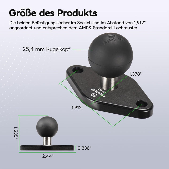 FANAUE Diamant Montagebasis Kompatibel mit RAM Mount B Grösse 1 Zoll Kugel Doppelsockelarm,Abstand d