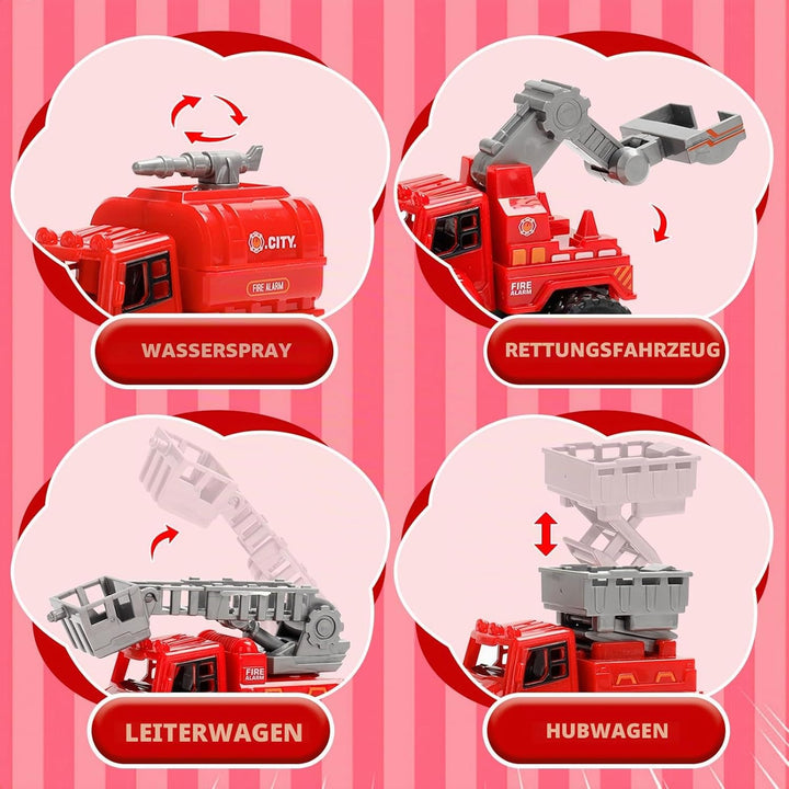 4er Set Feuerwehrautos Spielzeug für Kinder – Push and Go Feuerwehr Fahrzeuge ohne Batterie – Inkl.