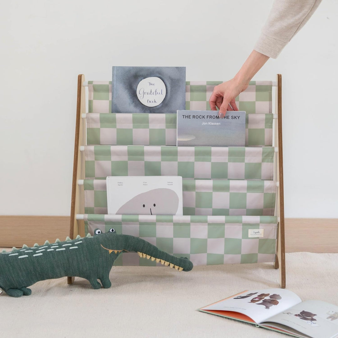 3 Sprouts Kinder Bücherregal aus Holz – Montessori Regal für Kinderzimmer - Schachbrett - Grün, Scha