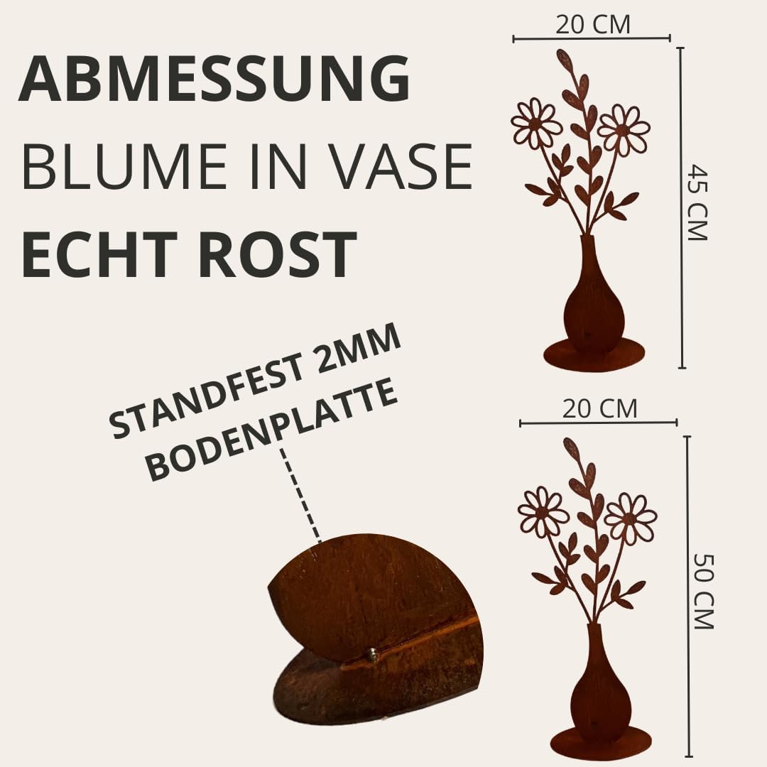 Terma Stahldesign Rost Figur Set Blumenstrauss in Vase 50cm Gartendeko für draussen und drinnen Gart