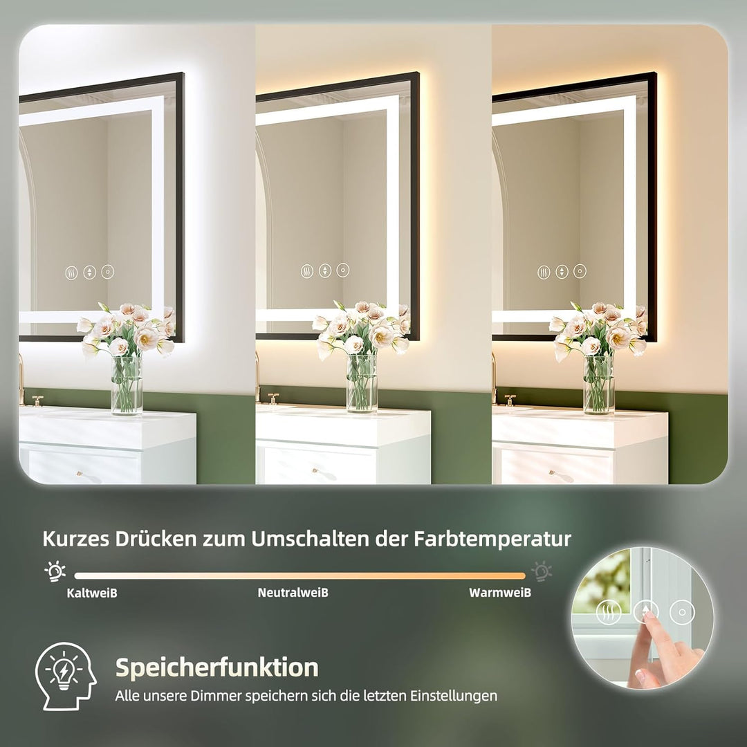 Dripex Badspiegel mit Licht Badezimmerspiegel mit Rahmen, Speicherfunktion, Touch-Schalter, Dimmbar,