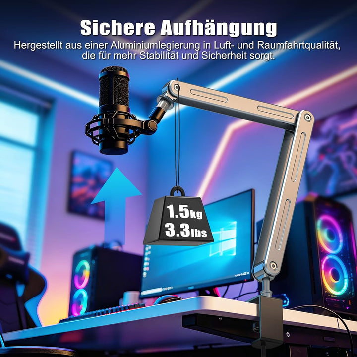 Aluminium Mikrofon Arm Tisch für Live-Streaming, Singe, Gaming | Aluminium Mikrofonständer Schreibti