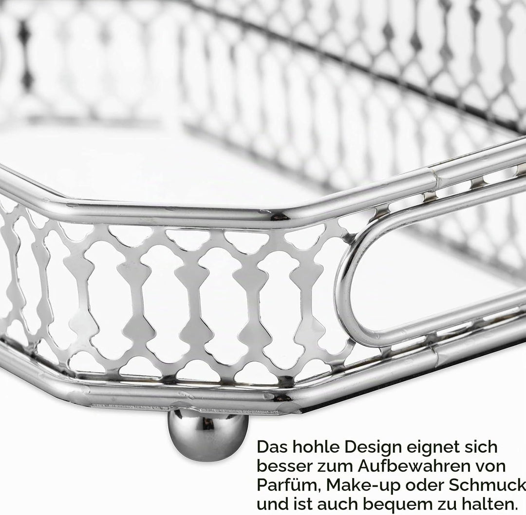 NUPTIO Silbernes verspiegeltes Schminktablett, 29 cm Länge, Schmuck-Display, dekorativer Spiegel, Ko