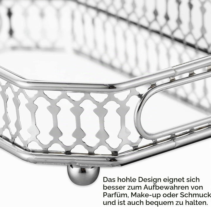 NUPTIO Silbernes verspiegeltes Schminktablett, 29 cm Länge, Schmuck-Display, dekorativer Spiegel, Ko