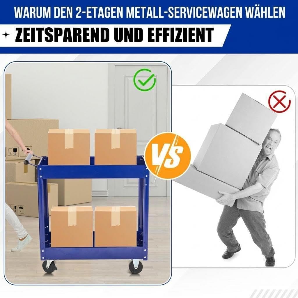 Werkzeugwagen Rollbar 2 Ebenen, Bis 150 kg Belastbar, Metall Werkstattwagen Mit Rollen, Schwerlast S