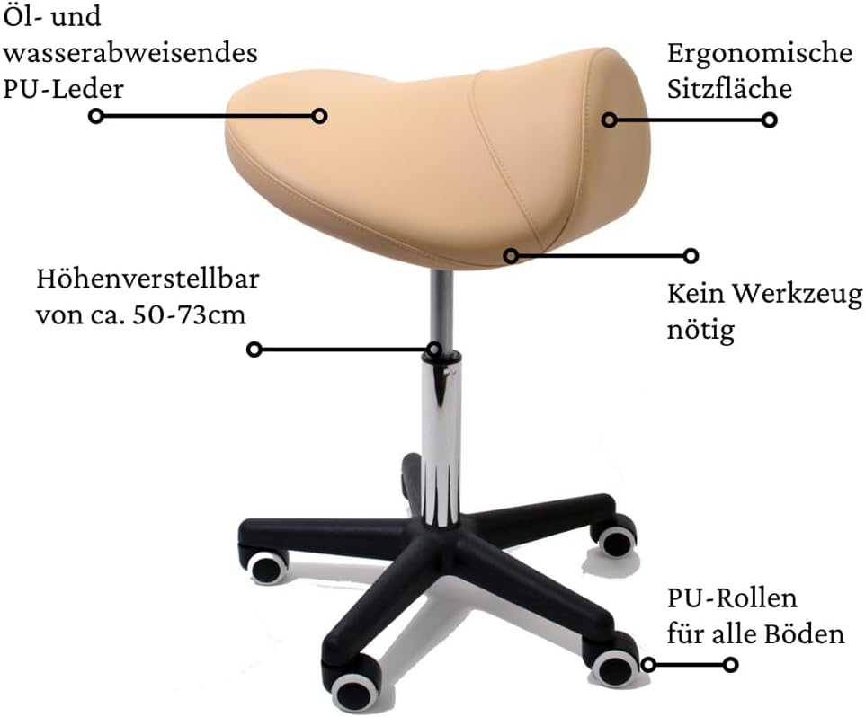 Sattelhocker extra breit, Sattelstuhl verstellbar 50-73cm, 170 kg (Weiss) | Ergonomischer Drehhocker