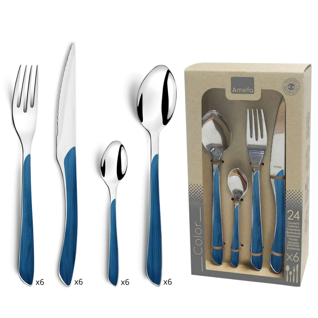 Amefa ECLAT Besteck Set | NATURE Blau Holz | Essbesteck 24-teilig für 6 Personen | Edelstahl rostfre
