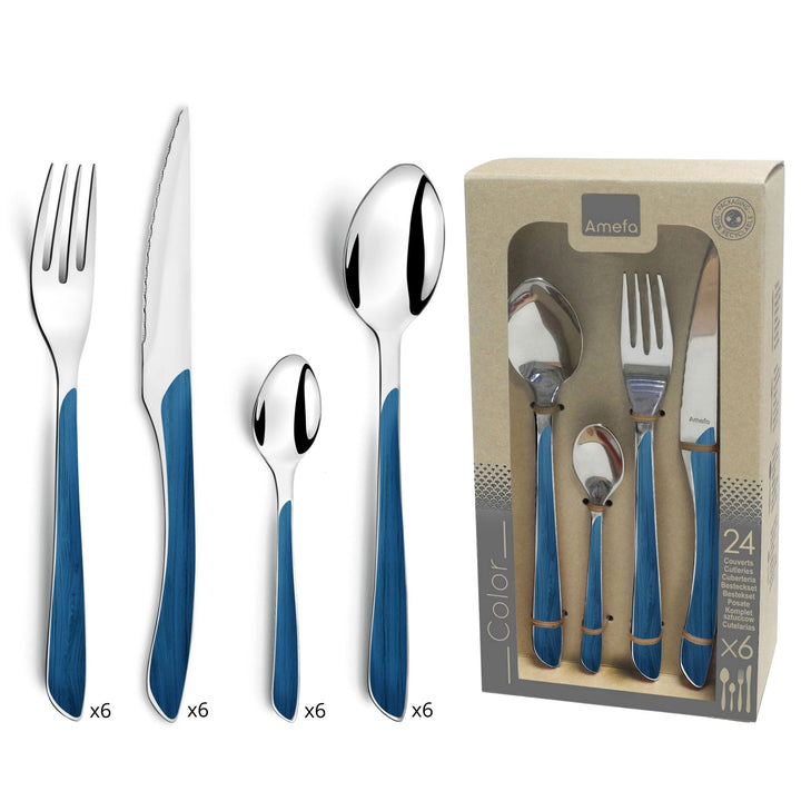 Amefa ECLAT Besteck Set | NATURE Blau Holz | Essbesteck 24-teilig für 6 Personen | Edelstahl rostfre