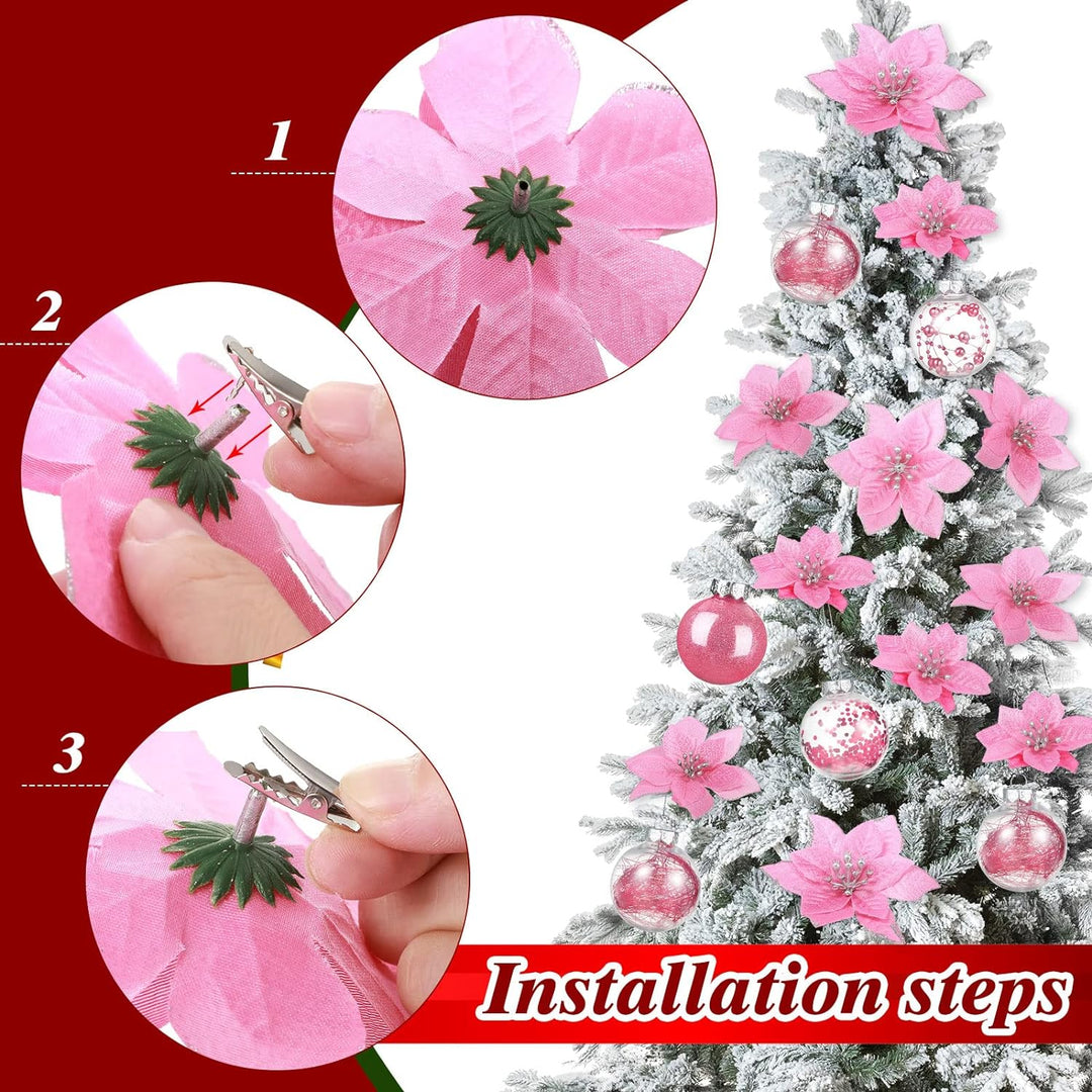 49 Stück Weihnachtsbaum Deko Set mit Weihnachtsbaumspitze 24 Stück Glitzer Weihnachten Blumen in 3 G