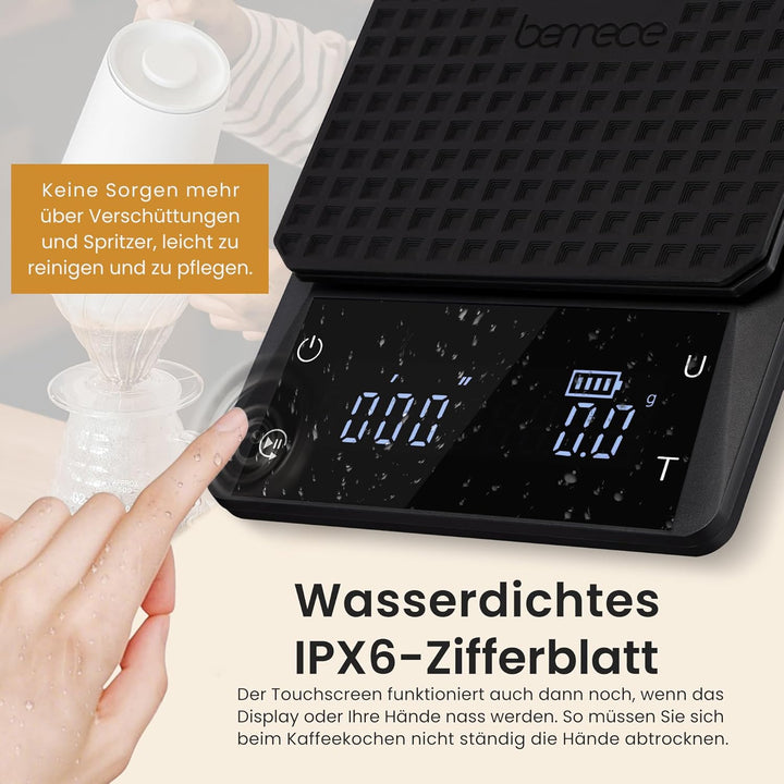 bemece Wiederaufladbare Digital kaffeewaage, Barista Waage 0,1 g, Wasserdichte Espressowaage mit Gro