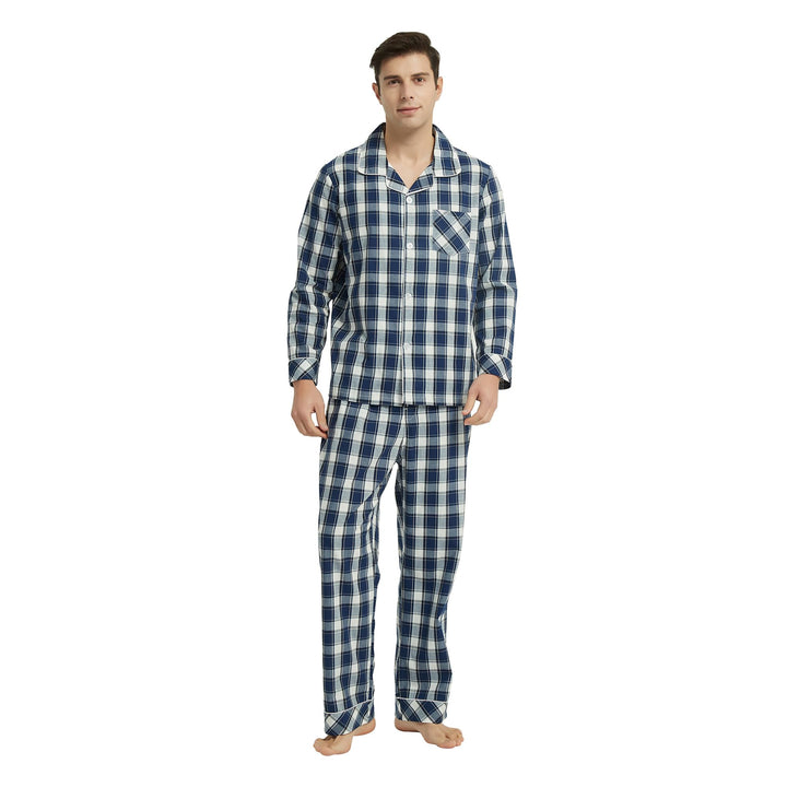 Vulcanodon Pyjama Herren 100% Baumwolle Schlafanzug lang Set kariert mit Knopfleiste weiche Nachtwäs