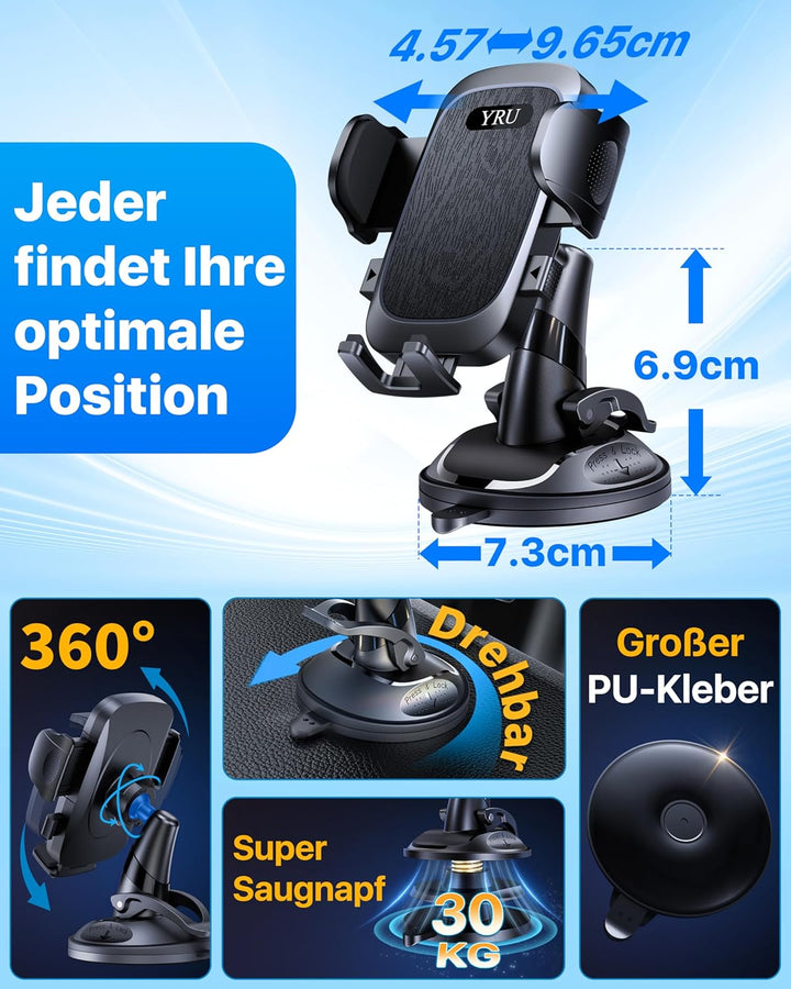 2026 Exclusive Wackelfrei Handyhalterung Auto YRU【Upgrade Bombenfest Saugnapf & Clip】Handy Halterung