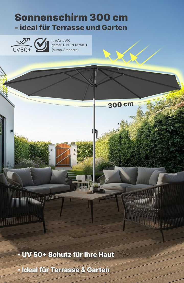 4smile Sonnenschirm 300 cm, mit Kurbel – grosser Sonnenschirm Balkon für die Terrasse, mit UV 50+ Sc