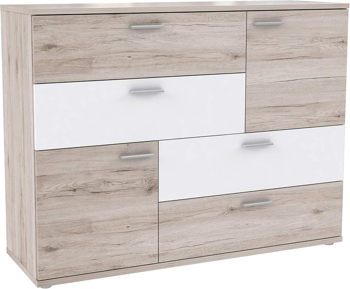 Forte Skive Kommode mit 2 Türen und 4 Schubkästen, Holzwerkstoff, Sandeiche/Weiss, 124.9 x 41.3 x 95