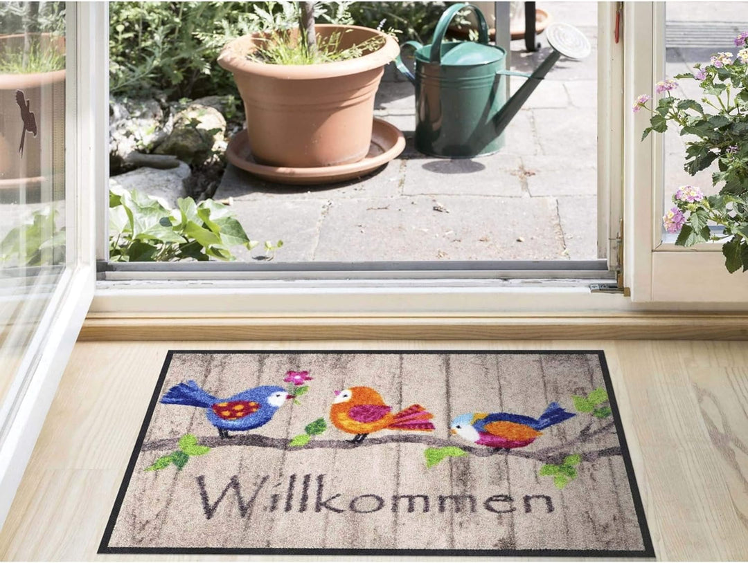 Salonloewe Birds Wood Fussmatte 50 x 75 cm Fussabtreter Türmatte Schmutzfangmatte Vögel bunt Frühlin