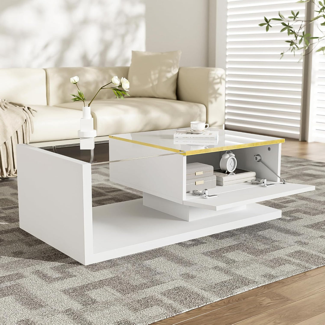 Merax Moderner LED Couchtisch, Wohnzimmertisch mit Stauraum, Hochglanz-Weiss Beistelltische, Couchti