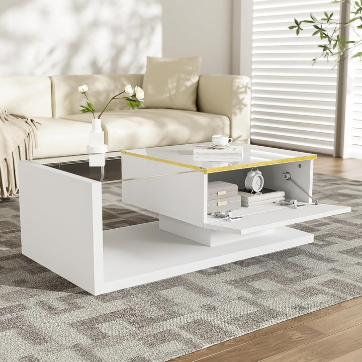 Merax Moderner LED Couchtisch, Wohnzimmertisch mit Stauraum, Hochglanz-Weiss Beistelltische, Couchti