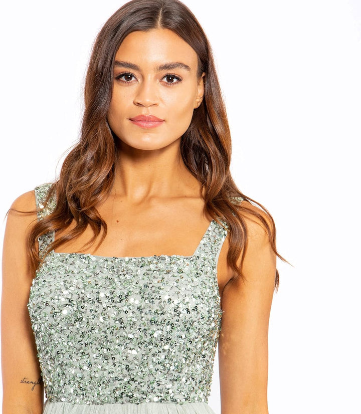 Damen Maxikleid mit Breiten Trägern, Ärmellos, Quadratischer Ausschnitt, Verziert für Hochzeit, Gast