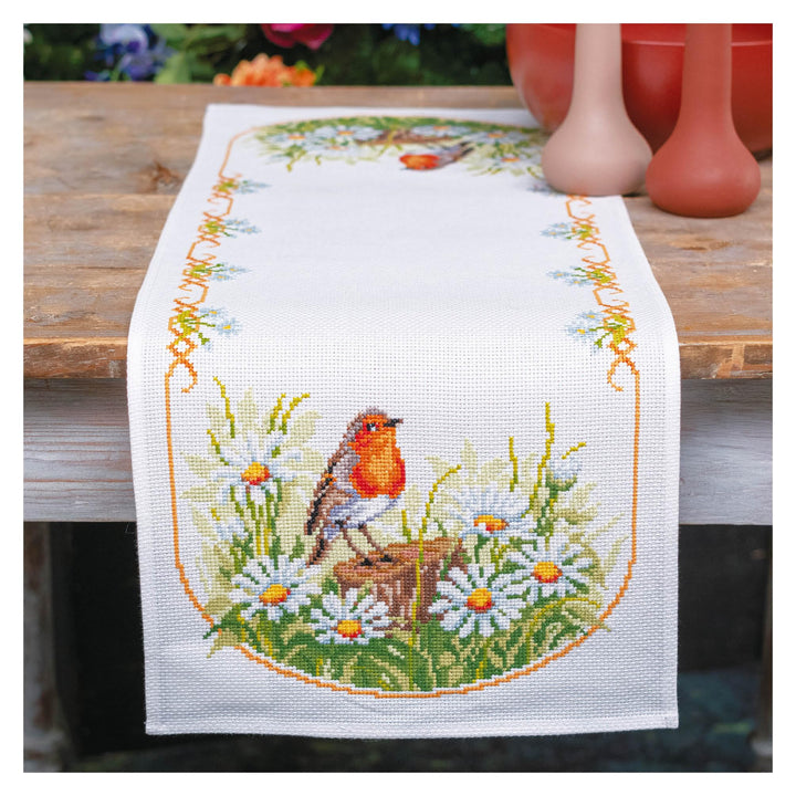 Vervaco Tischläufer Kreuzstich Set Gänseblümchen und Robin, Zählmuster, 32x84cm