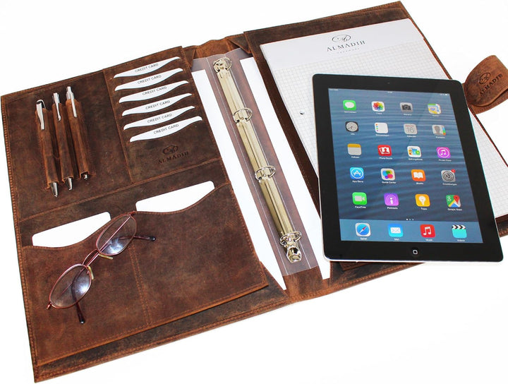 ALMADIH Leder A4 Konferenzmappe mit herausnehmbarem Ringbuch Schreibblock Premium Rindsleder Braun V