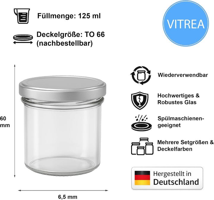 Vitrea 200x Marmeladengläser 125 ml - mit Deckel Silber TO 66 - Einmachgläser zum befüllen mit Schra